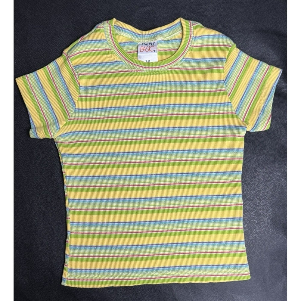 Vintage 90s Baby Tee Y2K Glitter Ribbed Striped Shirt Green XS Tiny Top Retro